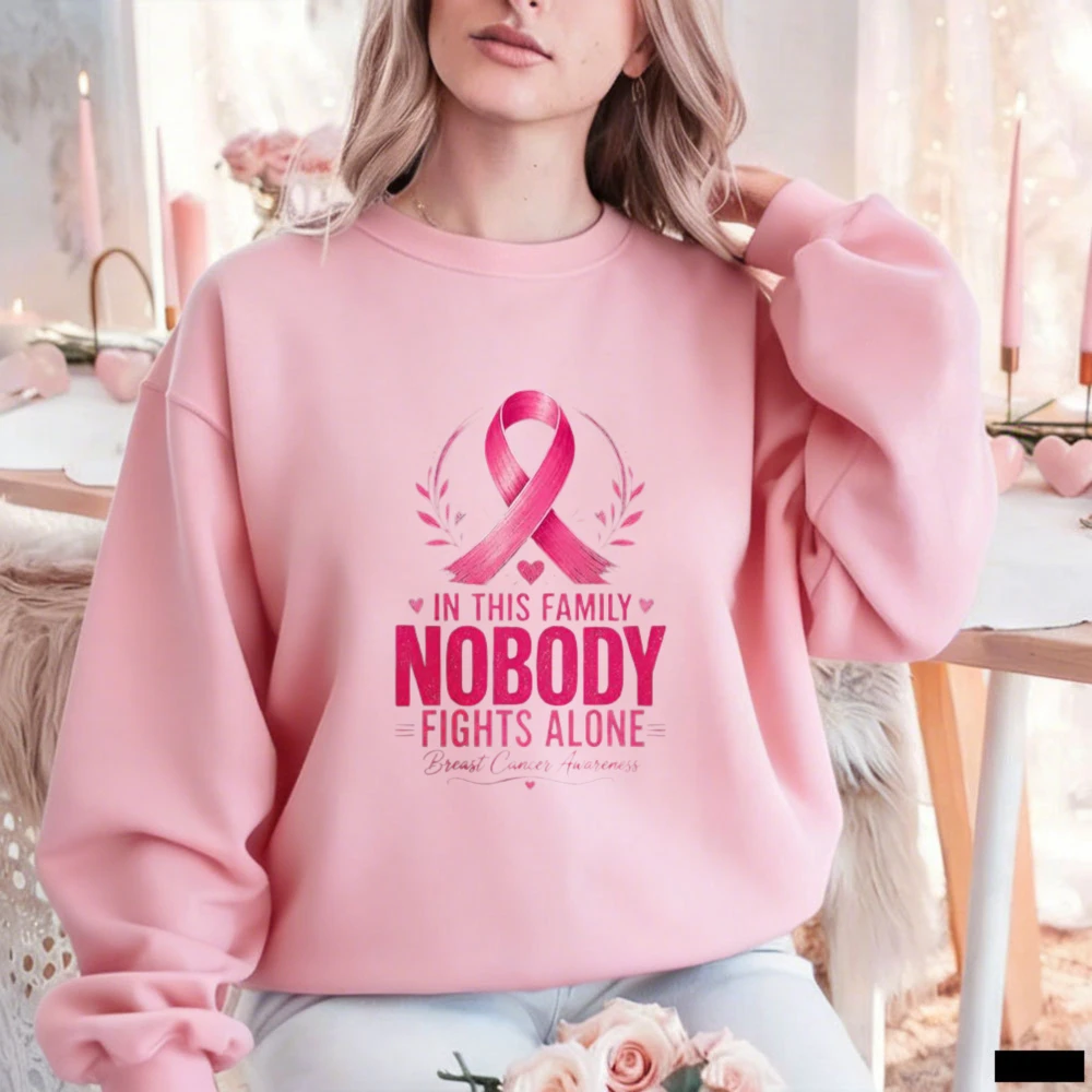In This Family Nobody Fights Alone Crewneck Sweatshirt Pink Ribbon Laurel Graphic Breast Cancer Support Women Casual Pullover