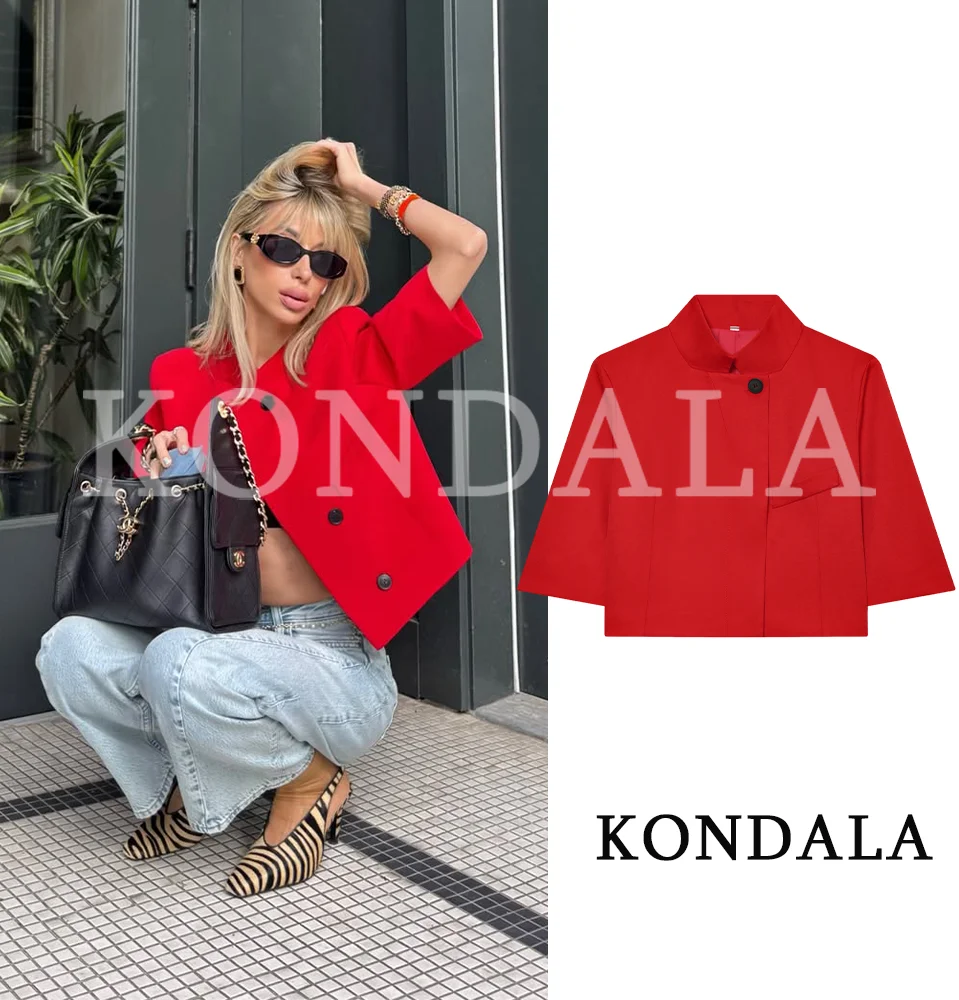KONDALA Damen High-Street Roter Kurzer Blazer Eleganter Schicker Kurzarm-Blazer Neu 2026 Sommer Trendiger Freizeit-Blazer für Frauen – Detail 2