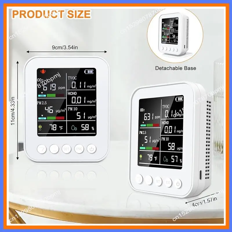BAAE Monitor inteligente de calidad del aire 7 en 1 con PM2.5, detector de CO2 con alarma, sensores de temperatura y humedad, pantalla LED