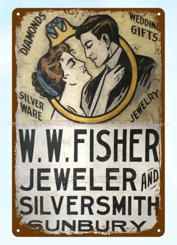 W.W. FISHER JEWELER & SILVERSMITH metal tin sign metal rusty replica wall art