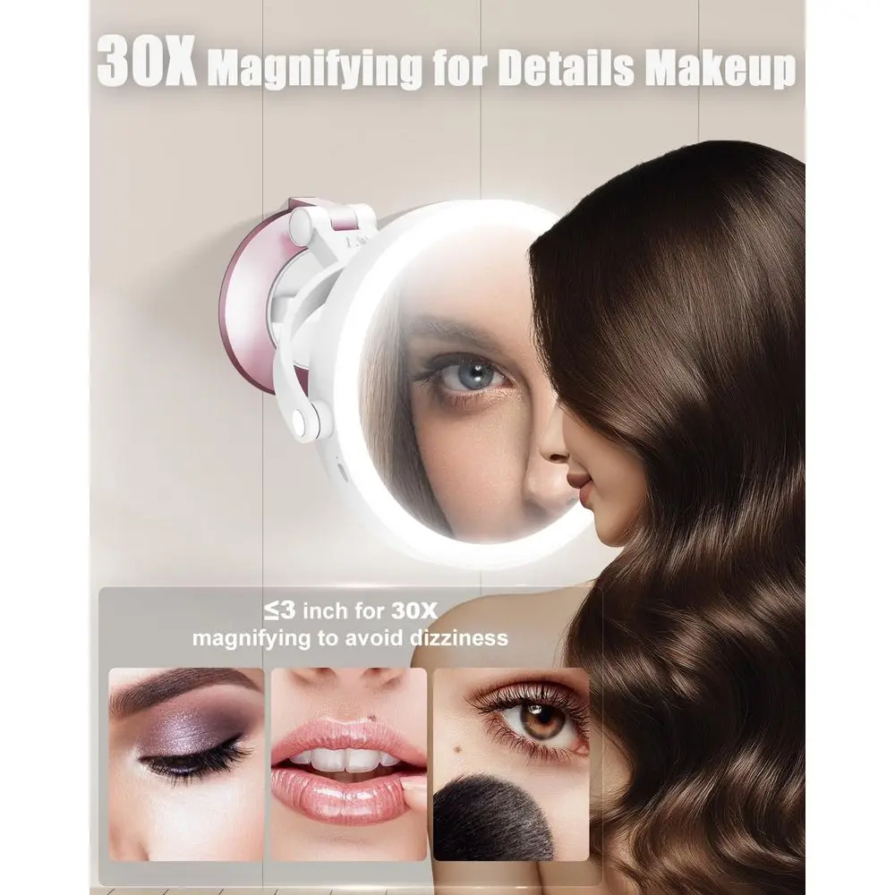 مرآة مكياج LED مزدوجة الجوانب مع كوب شفط، قابلة لإعادة الشحن، 3 أوضاع إضاءة، عالية الدقة ومكبرة، للحمام والسفر #2
