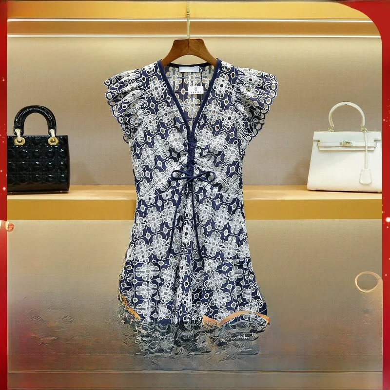 

Платье MaSandeS с тяжелой вышивкой и вырезами, V-образный вырез, весна 2023, женское модное платье с высокой талией, А-силуэт, юбка-платье