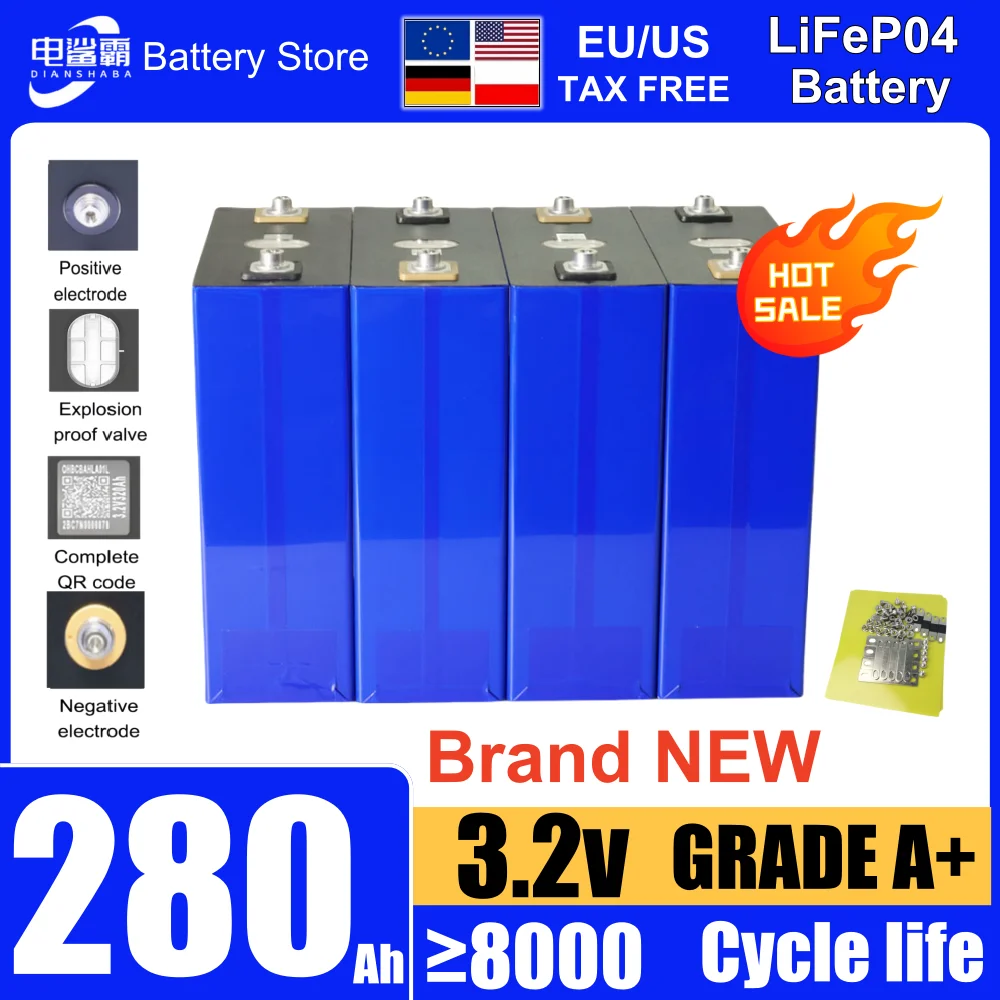 3.2V 280Ah 8000 cycle lithium iron phosphate rechargeable battery suitable for Tax Free DIY 12V 24V 48V caravan solar system