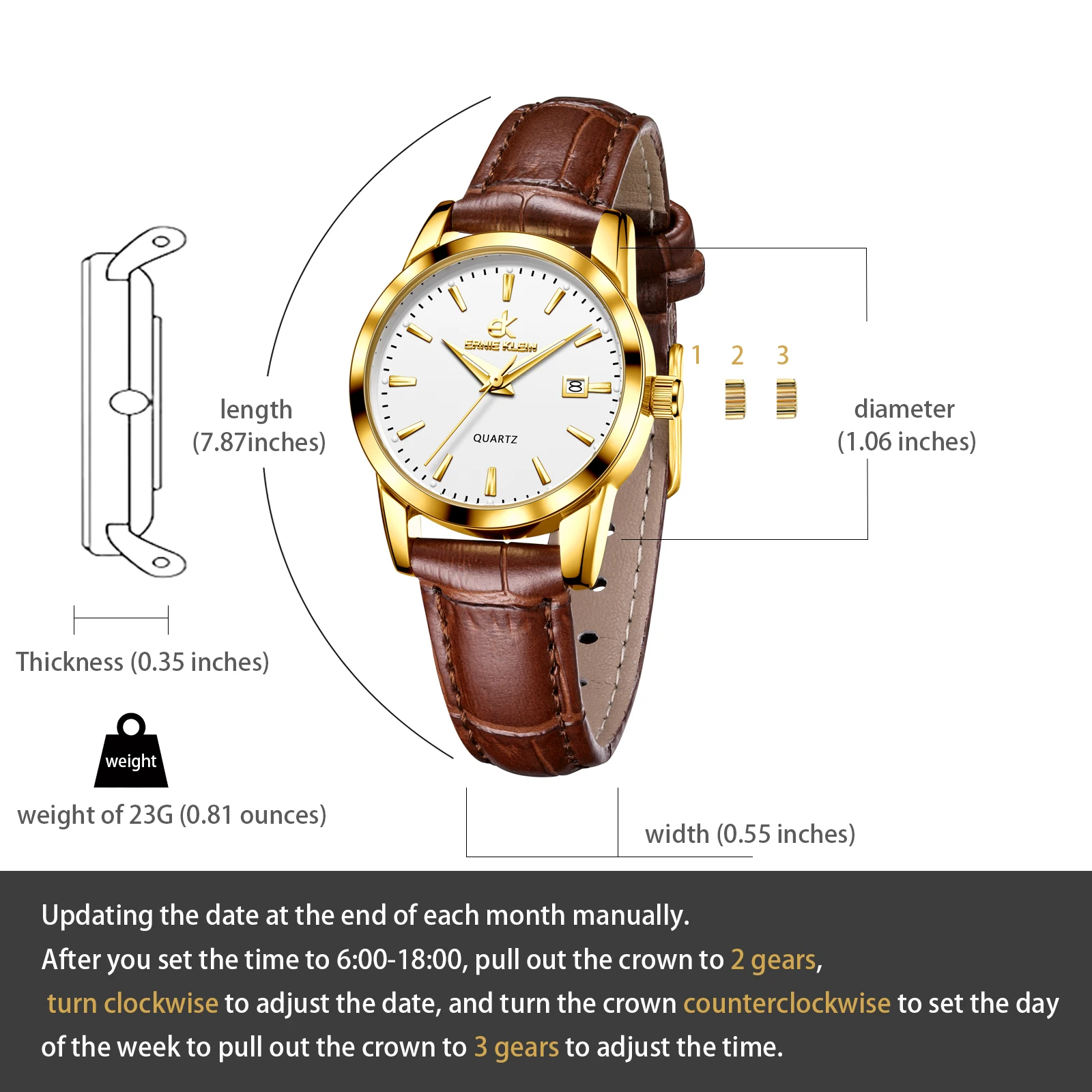 ERNIE KLEIN Watch for Women Top Brand Luxury Quartz Watches Leather Strap Waterproof Multi-function Luminous Ladies Wristwatch