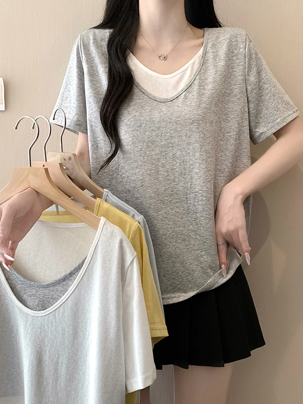 

plus Size Women's Short Sleeve T-Shirt Casual Loose Fit Color Block Design Summer Top Slimming Effect Versatile Basic Shirt