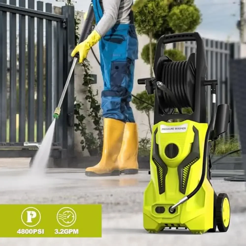 Electric Power Washer 4800 PSI 3.2 GPM with 25FT Hose Reel & 4 Interchangeable Nozzle High Pressure Cleaner Concrete Wood Vinyl