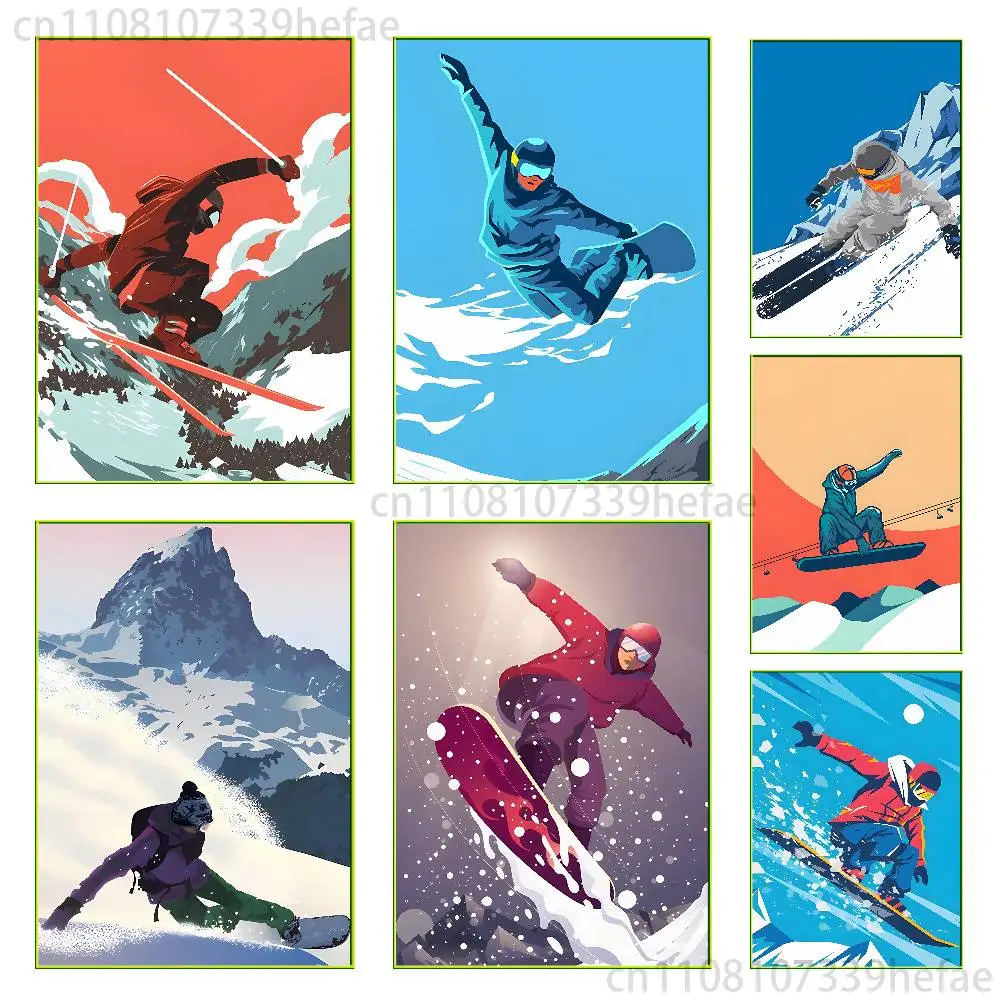 

Cartoon Snowboarding Sports Poster Self-adhesive Art Waterproof Paper Sticker Coffee House Bar Room Wall Decor