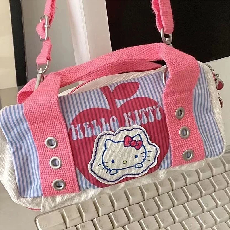 Sanrios Hello Kitty Bag Anime Cartoon Kawaii Printing Girl Heart Canvas Portable Middle Ancient Cylindrical Bag Girls Handbag