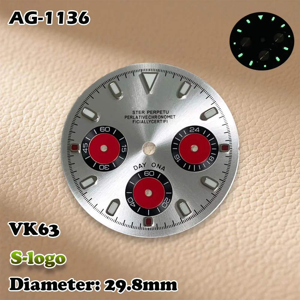 VK63 29,8 mm uurwerken S-Logo Panda Style Dial - Groene lichtgevende C3 herenhorloges Bekijk modificatie accessoires