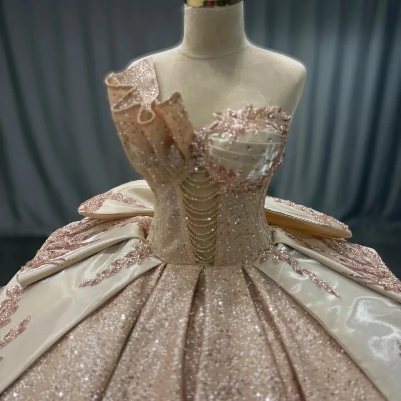 

Shiny champagne Quinceanera Dress off-shoulder Lace crystal glitter decal Bow Long tail vestidos de 15 Quinceanera ﻿Customize