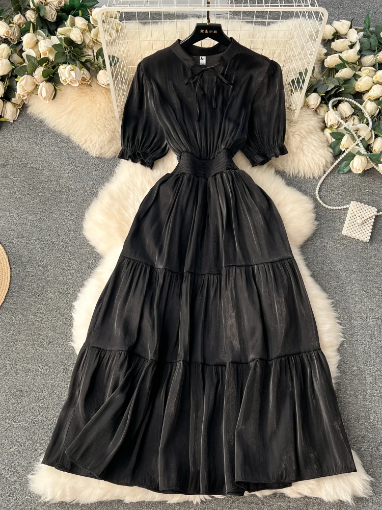 Elegant Solid  Pleat A-line Dress Women Summer Round Neck Hollowed Out Bubble Sleeves Elastic Waist Slim Party Vacation Robe