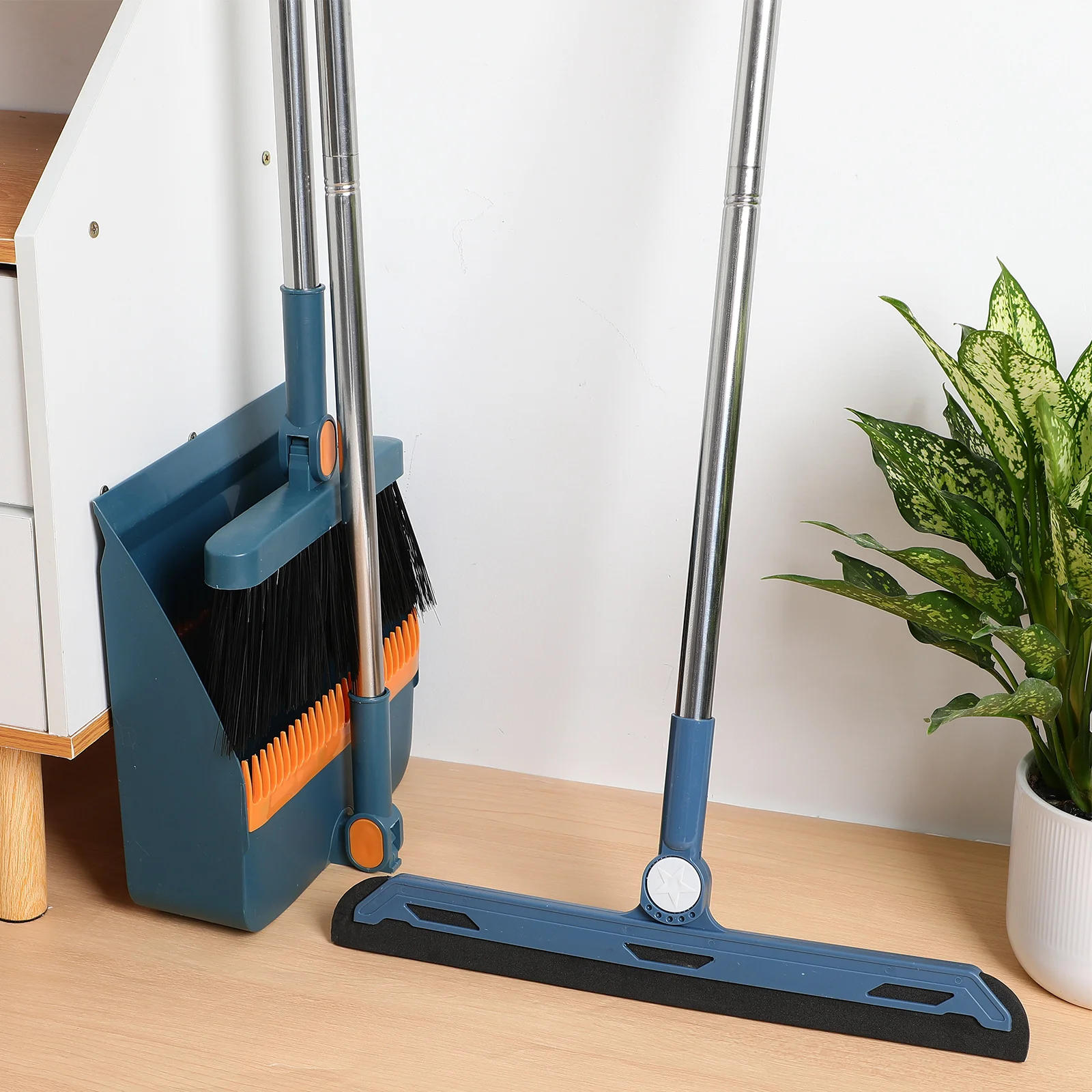 

Folding Broom Set Dustpan Blue 3Pcs Home Cleaning Indoor Outdoor Broom Dustpan Sturdy Multi Functional Foldable Design House