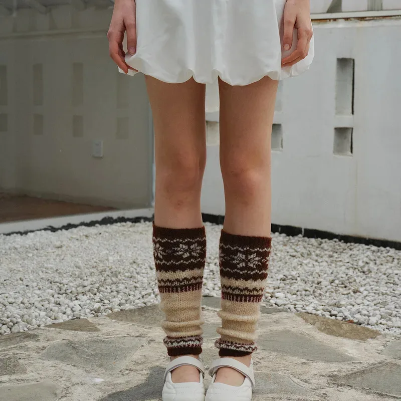 2025 여성용 니트 레그 워머 겨울 두꺼운 레트로 패턴 슬라우치 튜브 스타일 워머