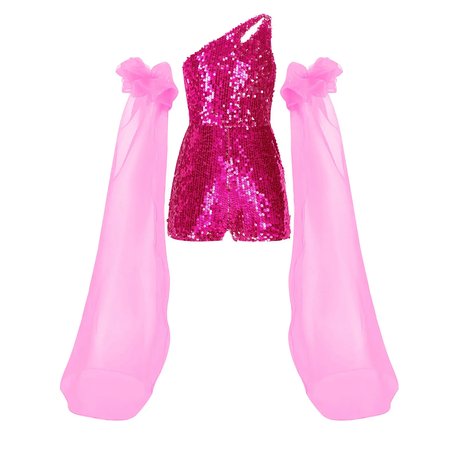 Kids Girls Shiny Sequin Rompers with Puff Sleeves One Shoulders Sleeveless Jumpsuit Prom Dance Performance Birthday Party Wear