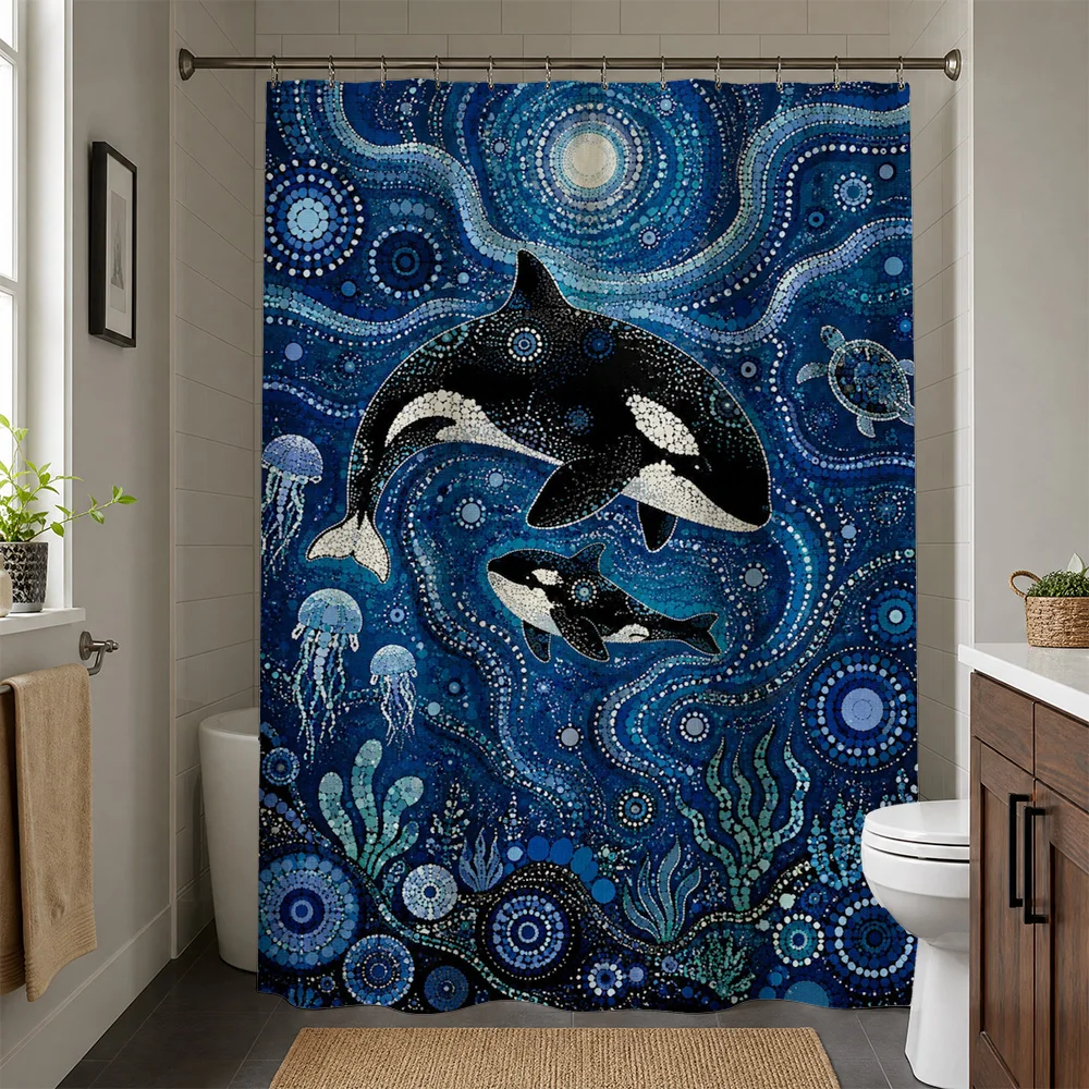 Vibrant Ocean Life Shower Curtain Blue Whale Dolphin Sea Turtle Underwater Tropical Nautical Bathroom Decor