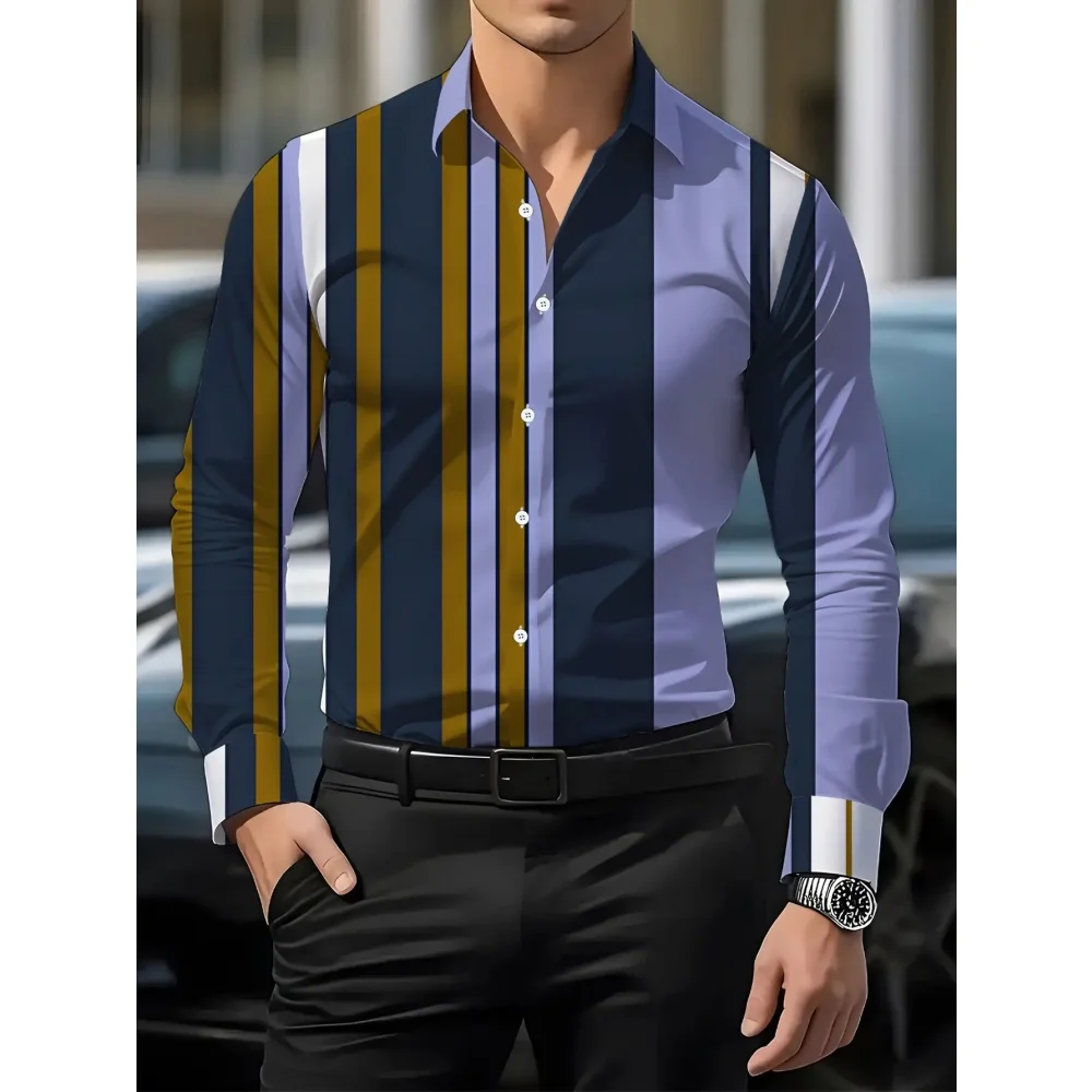 

Men's Trendy Vertical Stripes Geometric Line Print Long-Sleeved Shirt Men's Plaid Colors Fashion Lapel Casual Versatile Shirts