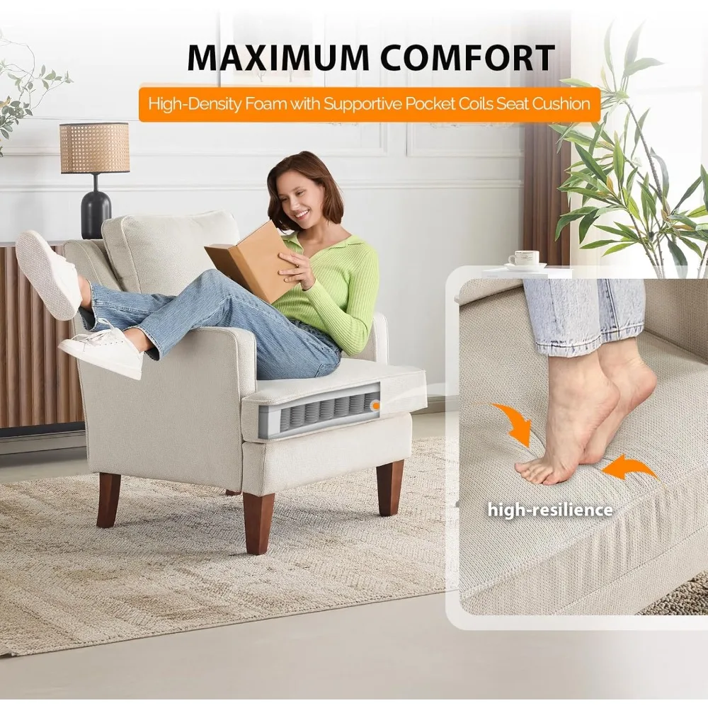 مجموعة كراسي حديثة من منتصف القرن مكونة من قطعتين، كرسي بذراعين منجد باللون البيج، كراسي أريكة مريحة، كرسي قراءة عالي الظهر #4