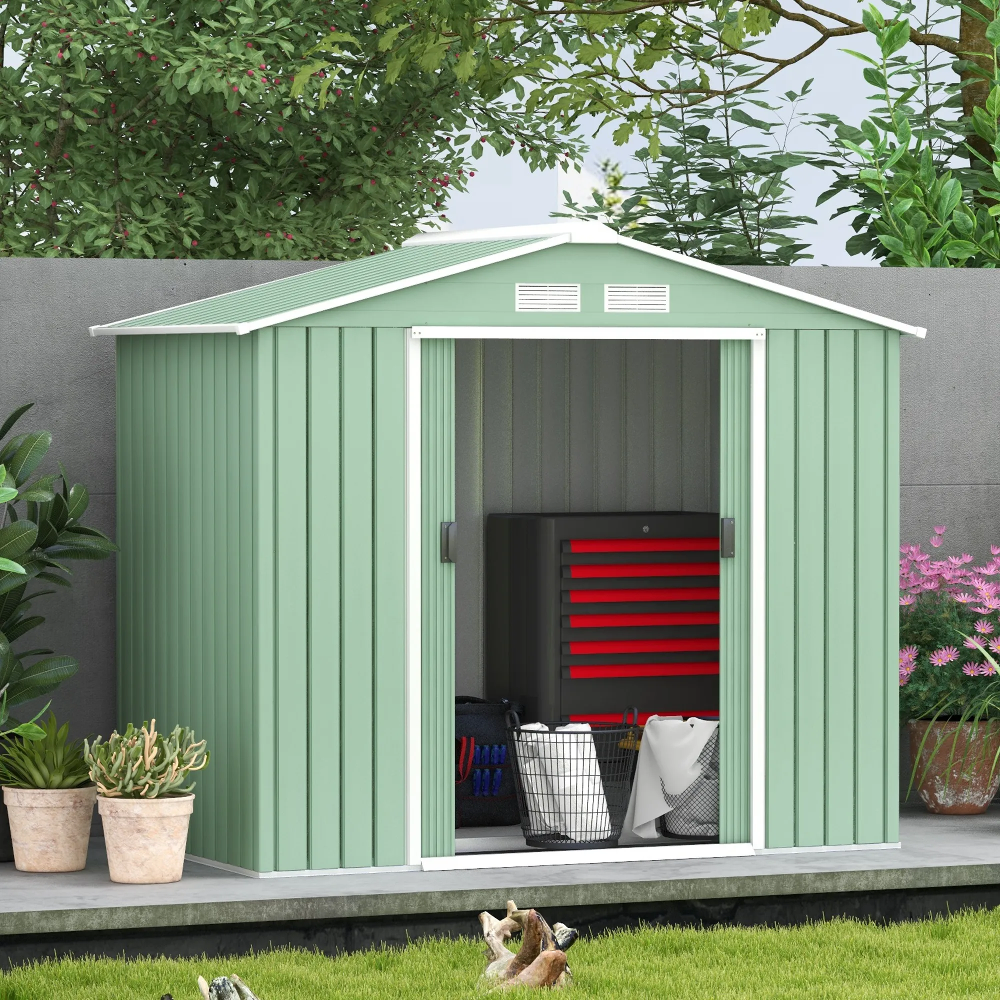 Abri de jardin en acier Outsunny avec portes coulissantes, résistant aux intempéries, fondation incluse, vert clair, 213x130x185cm, 2 fenêtres de ventilation