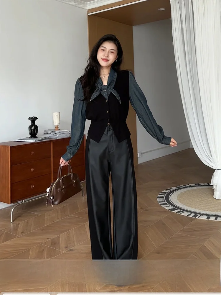 

Zhang a Xing Berlin S Vintage Denim Plaid Fake Two-Piece Design irt Slimming Leather Pants Women's Faion Set Autumn