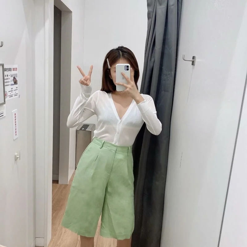 

Summer Linen Casual Middle Pants 2023 Women Sweet Solid Colors High Waist Knee-Length Pants Girl All-Match Straight Suit Pants