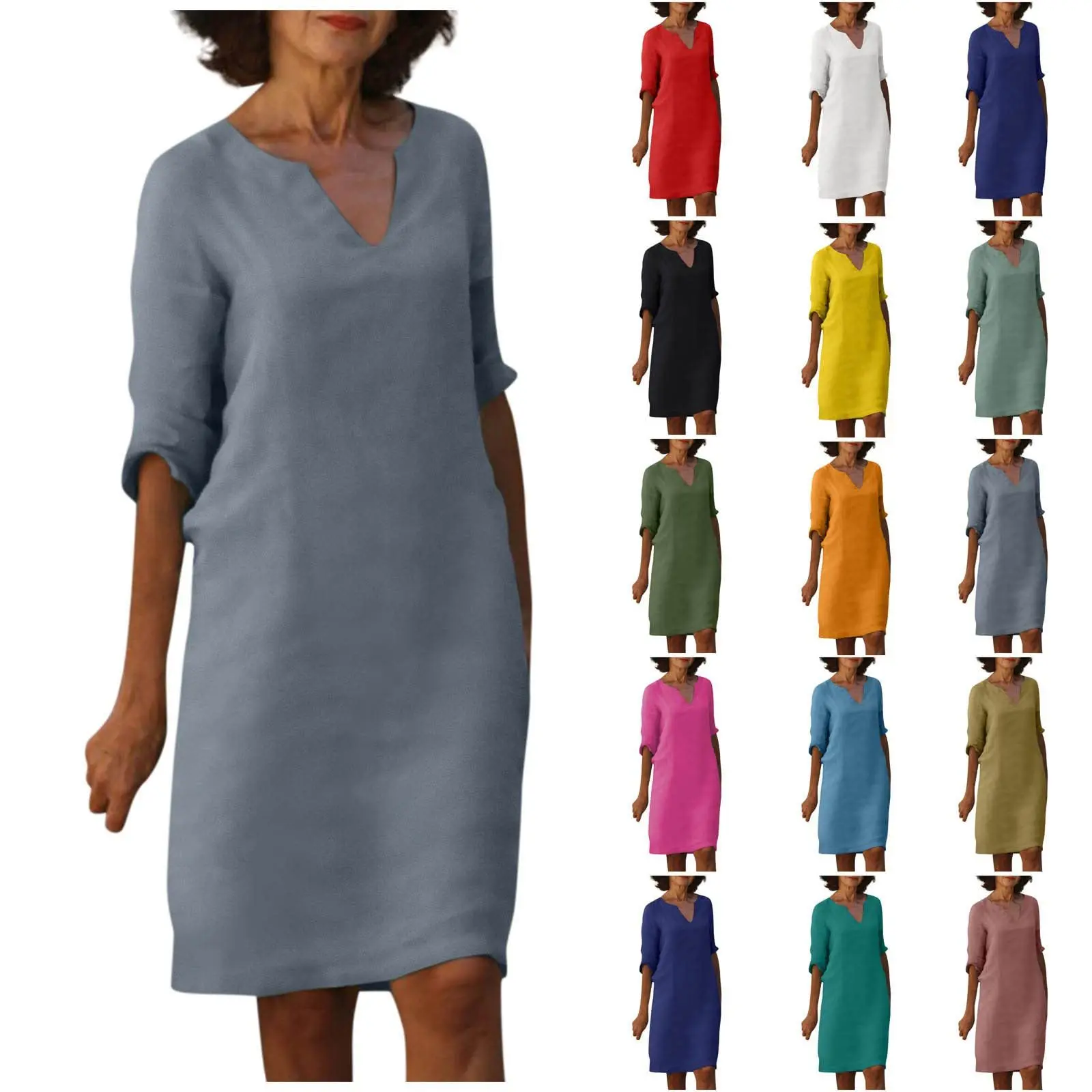 

European and American Cotton and Linen V-neck Retro High-waisted Solid Color Dress