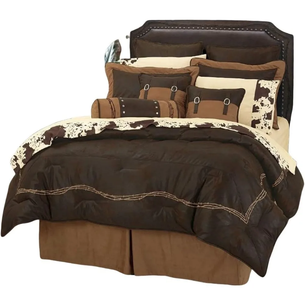 Bedding 7 Piece Comforter Set, Faux Leather Rustic Cabin Theme Bed Set, Warm Comforter Sets with Bed Skirt, Shams, Decor Pillows