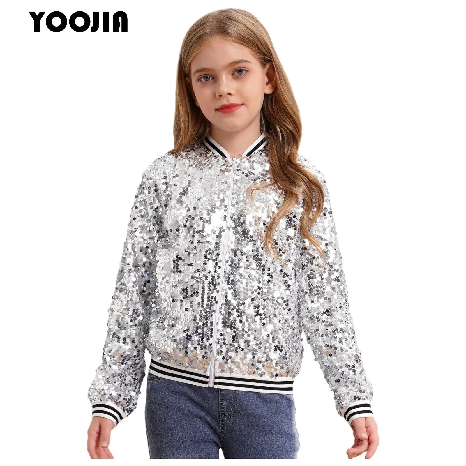 

Girls Sequin Bomber Jacket Long Sleeve Sparkle Baseball Jackets Coat Music Festival Party Hip Hop Jazz Dance Zipper Outerwear