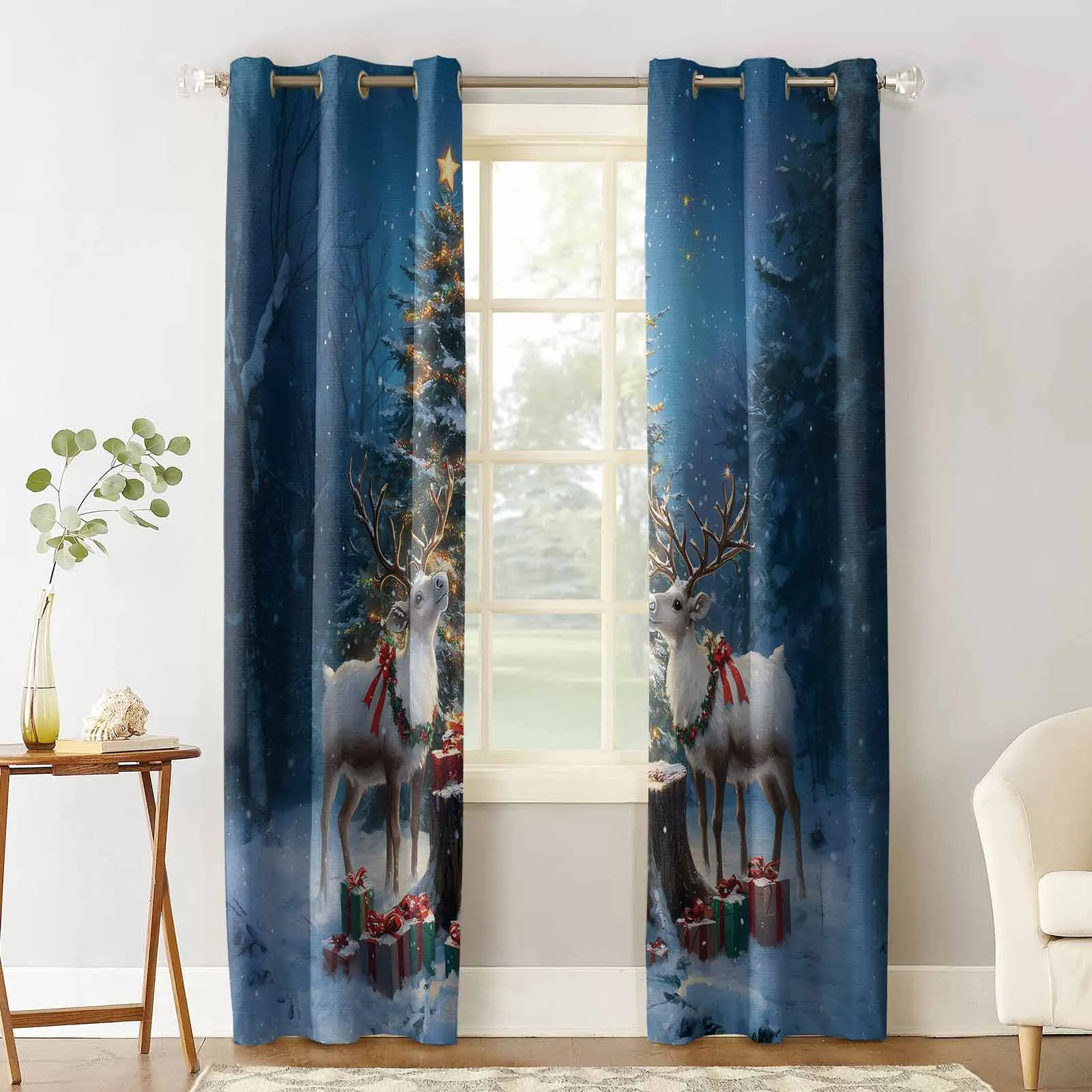 Christmas Tree Reindeer Forest Gifts Curtains for Living Room Bedroom Decorative Window Treatment Drapes Kitchen Curtains