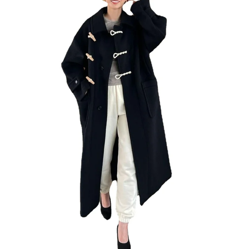 Kuzuwata Autumn Winter Clothes Women Jacket Japanese High-end Wool Blended Long Horn Buckle Loose Coat Fashion Jaqueta Feminina