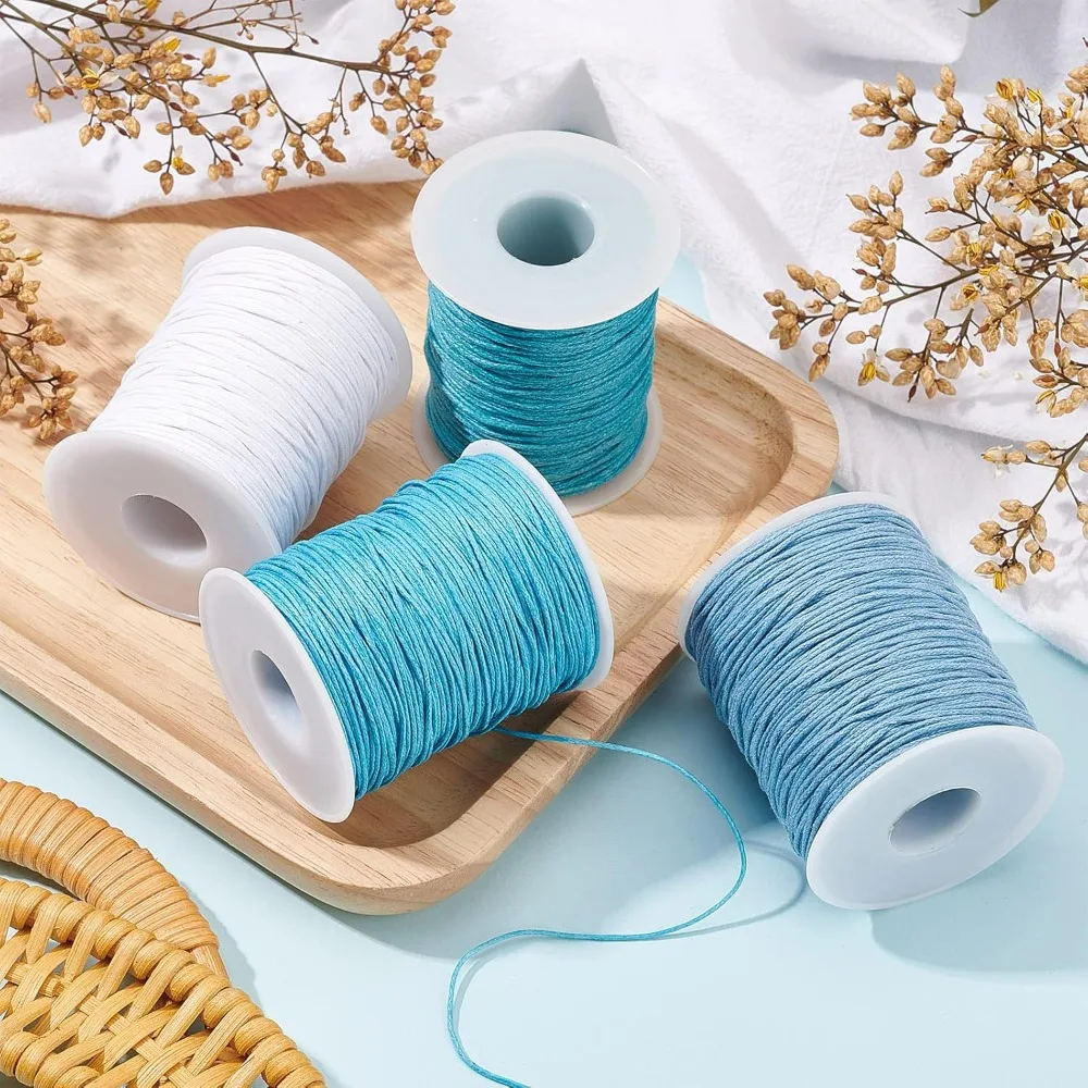 PandaHall 400 Yards 1mm Waxed Cotton Cord Thread, Blue Series Braided Jewelry Cord String 4 Colors Beading Thread with Spool