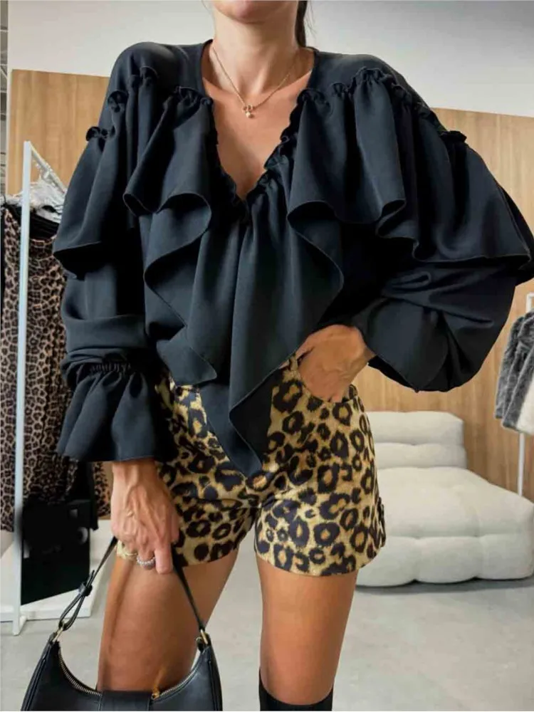 

Элегантная однотонная рубашка с v-образным вырезом и длинными рукавами для женщин, модная осенняя свободная рубашка с рукавами-фонариками, простая блузка, женские топы