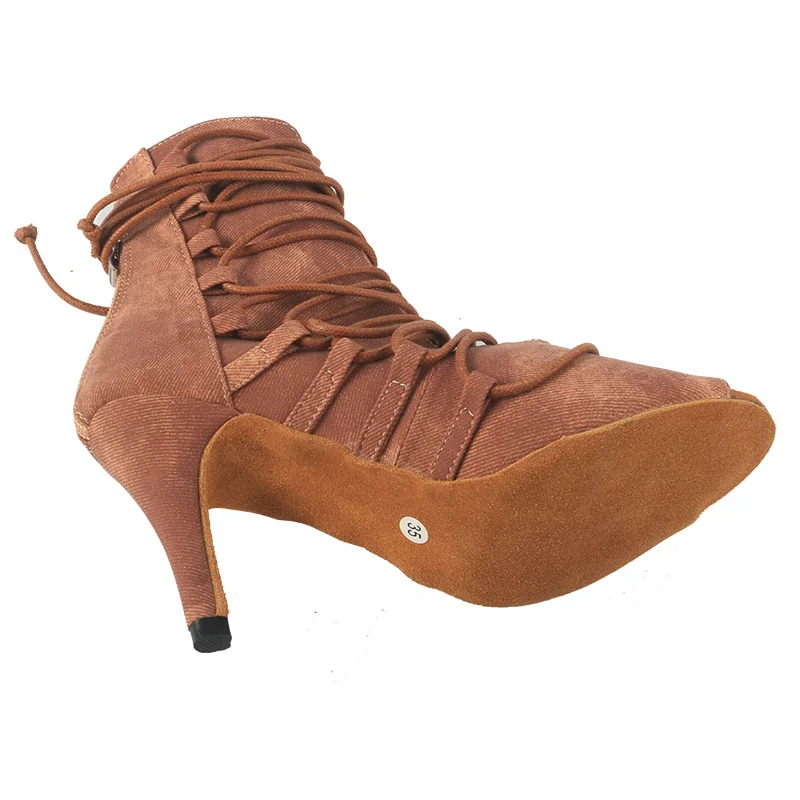 Wedopus Customized Heel Tan Color Ankle Dance Boots Lace-up 8.5CM Peep Toe Ballroom Dancing Boot for Woman with Zip