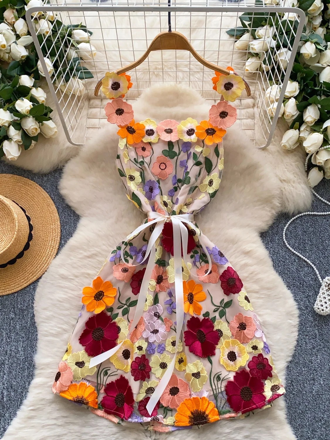 Ele Embroidered Floral A-Line Dr Women's Summer High Waist ort Skirt Luxury Faion Commute Sle Korean Version