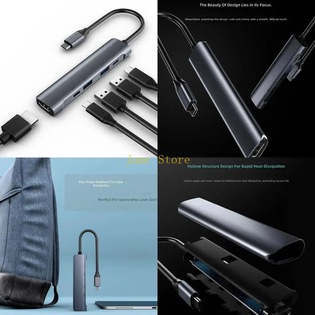 LX0B 5 In 1 USB C Hubs With 4K HDTV Output PD60W Port Aluminum Alloy Portable Adapters For Laptop And