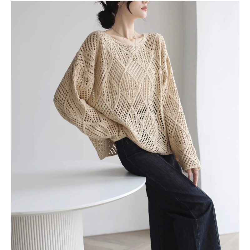 Simplicity Casual Spring/Summer Solid Women\'s O-Neck Hollow Out Korean Style Fashion Loose Long Sleeve Pullovers Knitted Tops