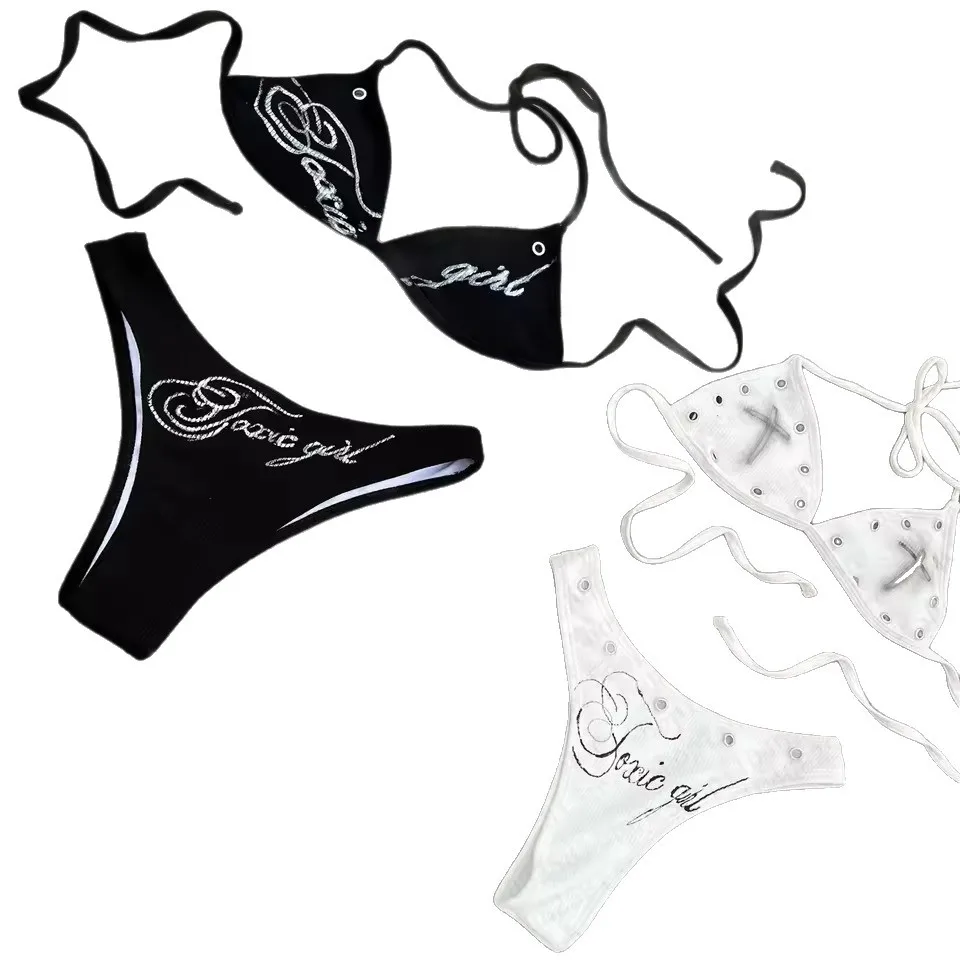 

Summer fashion spicy girl style Y2K letter print hanging neck sexy slimming fashion trend bikini set Harajuku retro sexy Y2K