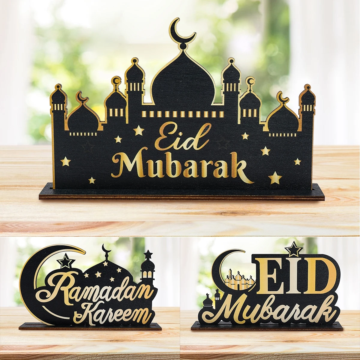 Eid Mubarak Wooden Ornament Ramadan Moon Star Letter Table Decoration for Home Islamic Muslim Pendant Eid Al Adha Party Supplies