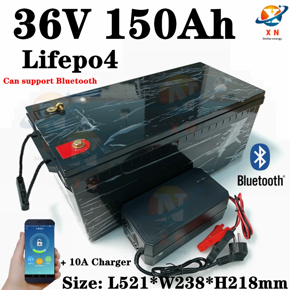 36V 150AH lifepo4 lithium battery Bluetooth BMS APP for 3000w 2000W tricycle UPS vehicle scooter boat camping + 10A Charger