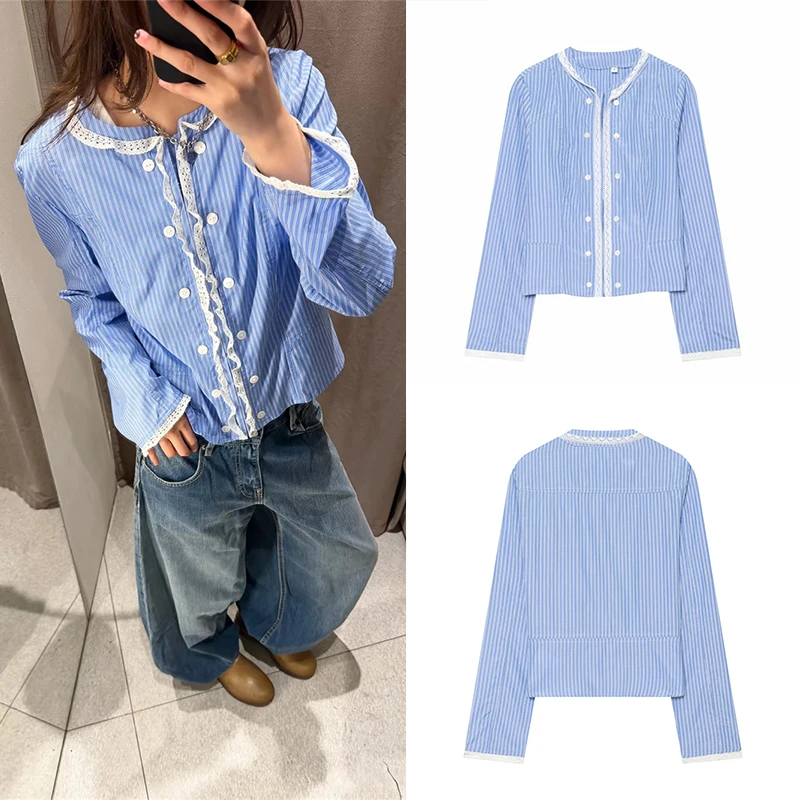 Guobioziy Women's Lace Stripe Jacket 2026 Spring-Autumn New Model Euro-American Daily Casual Fashion Trend Slim＆Fresh Street