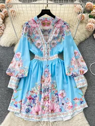 Spring Dresses 2024 Women Fashion Elegant Vintage Floral Print Dress V Neck Front Button Up Long Sleeve Holiday Mini Dress Woman