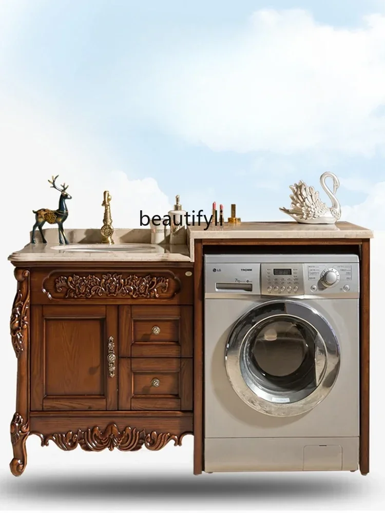 lt European-Style Red Oak Bathroom Cabinet Drum Washing Machine Cabinet Integrated Balcony Wash Basin Solid Wood Cabinet