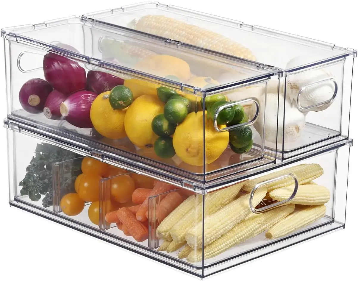 

Штабелируемые органайзеры для холодильников, прозрачные выдвижные контейнеры для кухни, кладовой, фруктов и овощей (2 маленькие + 1 большие)