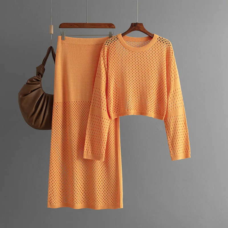 [EWQ] Mesh Hollow Design Beautiful Casual Ladies Clothing Long Sleeve Sweater Tops High Waist Skirt 2 Piece Set 2025 Autumn GZ16