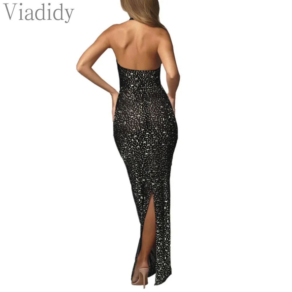 女性のセクシーなシースルーメッシュバックレスラインストーン装飾ホルターフロアレングスパーティードレス
