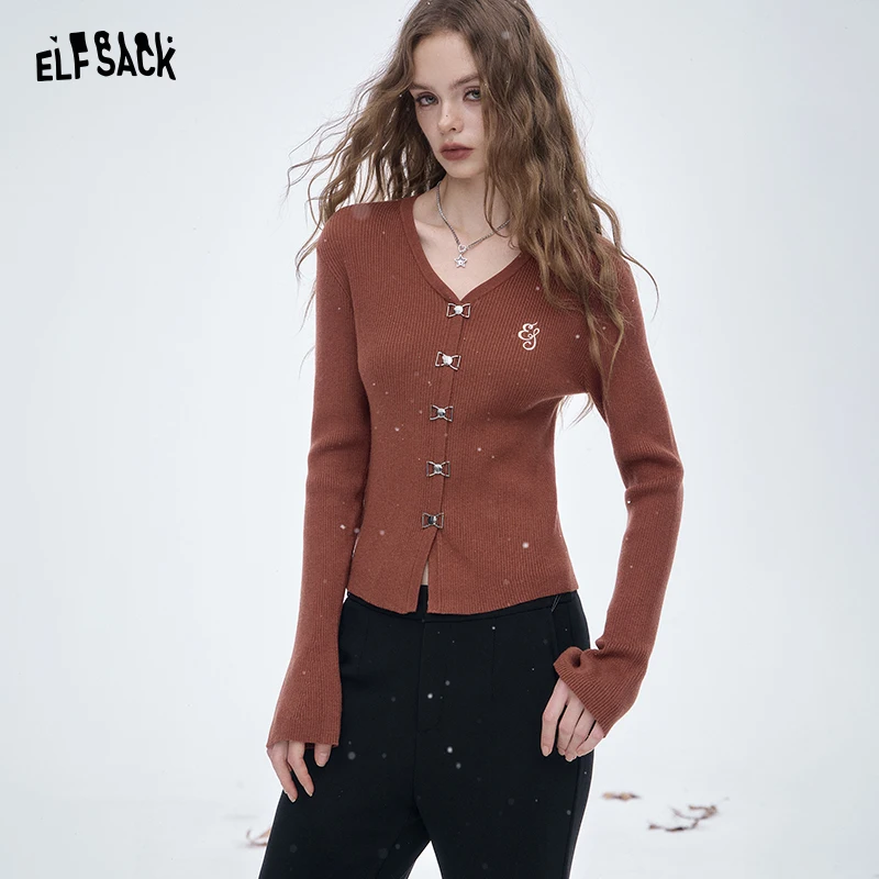 

ELFSACK 2025 Winter New Arrivals Elegant Minimalist Classic Bow Button V Neck Embroidered Solid Knit Sweater For Women