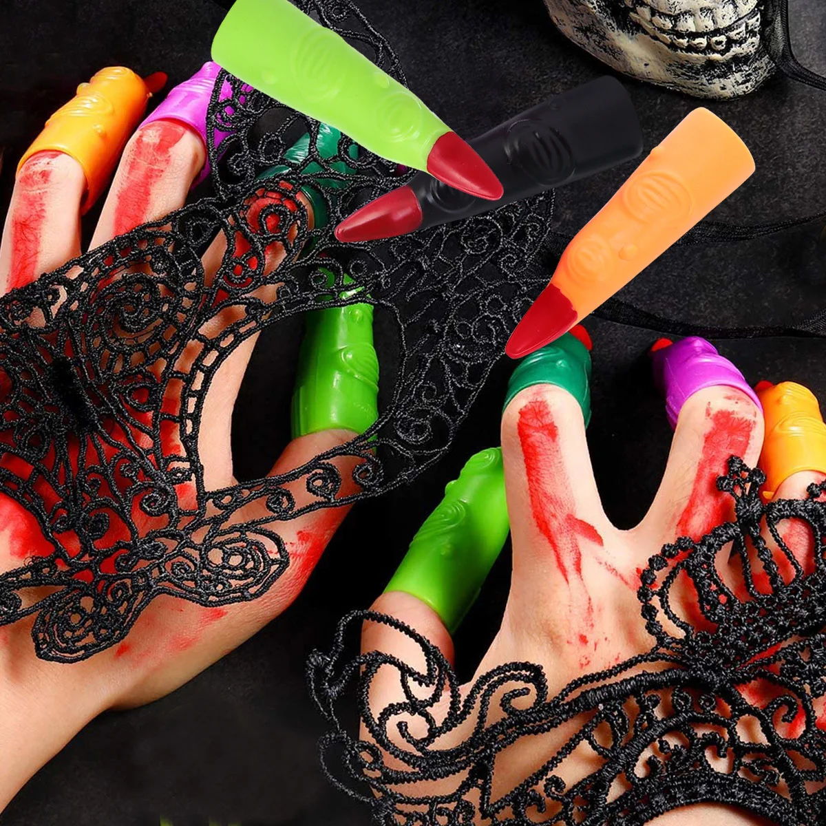 

20 Pieces False Nail Set Creepy Finger Fake Nails with Glue Prom Claw Tips Claws Plastic Fingers Costume Colorful Miss