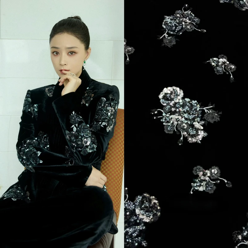 Black Silk Velvet Fabric Heavy Beaded Embroidered New Chinese Style for Vest Skirt Dress Qipao DIY Sewing Accessories