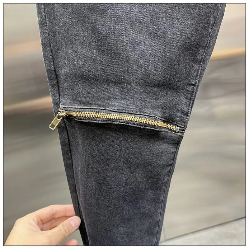 New Arrival Spring Autumn Casual Denim Slim Fit Jeans for Men with Knee Zipper Eye Designer and Vintage Black Jeans Men\'s Luxury