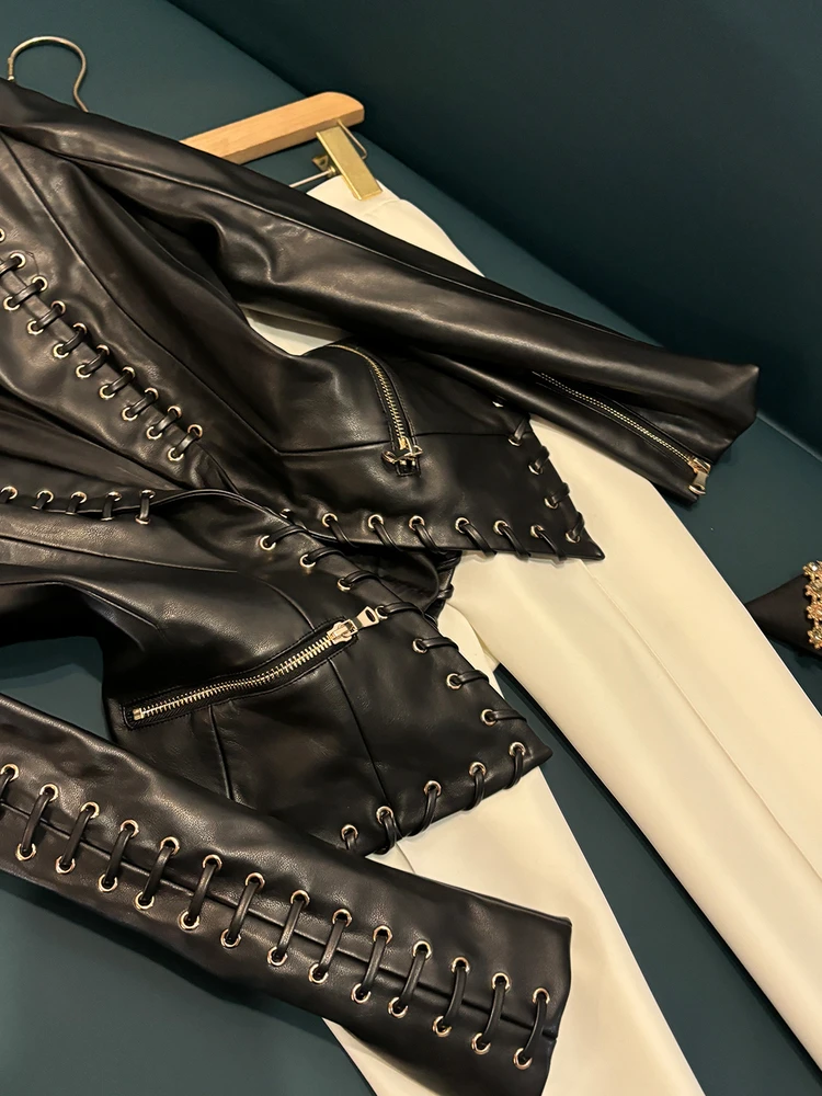 Faionable Heavyweight Rope-Bound Slim Fit Leather Jaet Suit Jaet New Winter 2025 Star Sle Commute Wind Synthetic