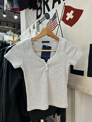 Y2k Classic Stripes Slim Crop Top estate bottone girocollo morbido cotone manica corta t-shirt dolce carino moda Top per le donne